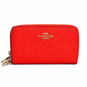 COACH Orange-Red Double-Zip Pebbled Leather Leather Wallet